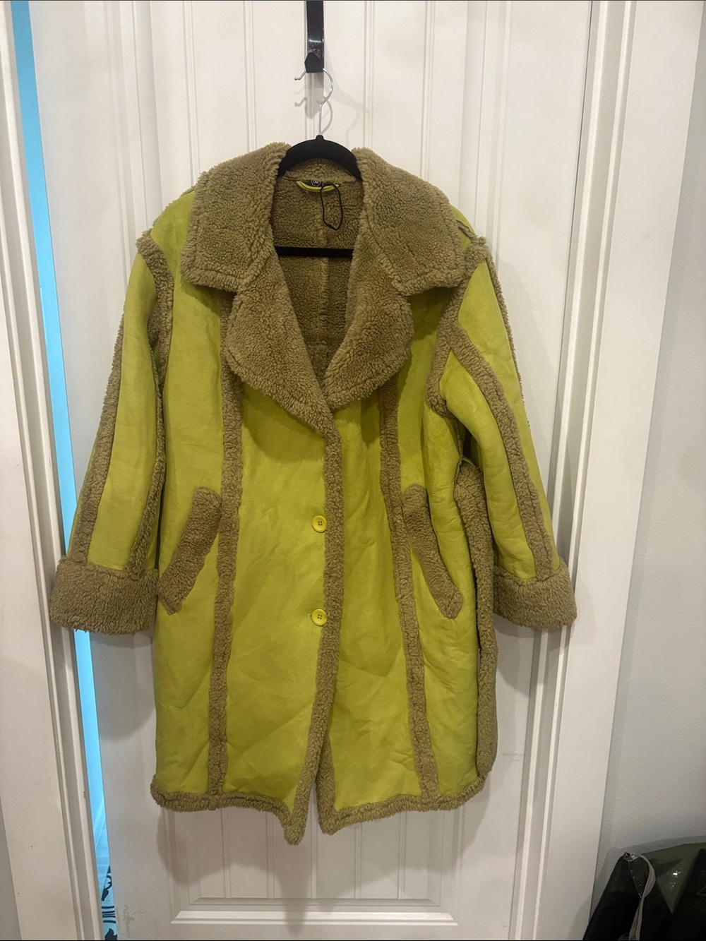 OW Collection Chartreuse Teddy Shearling Belted Coat S